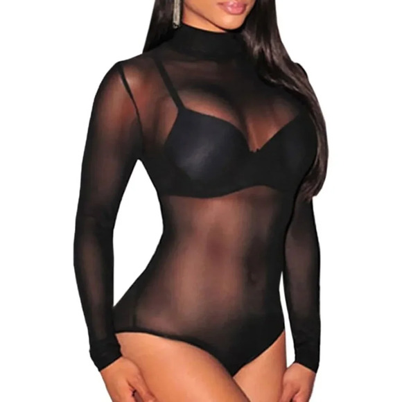 Women's Long Sleeves Stretchy Sheer Mesh Leotard Bodysuit Jumpsuit Body Suit Top - Picture 1 of 2